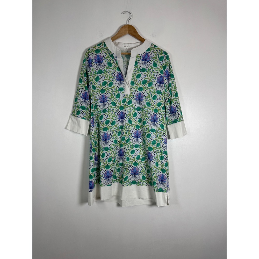 Grandmillennial Mary Square Womens Small Tunic Dress Green Floral 3/4 Sleeve